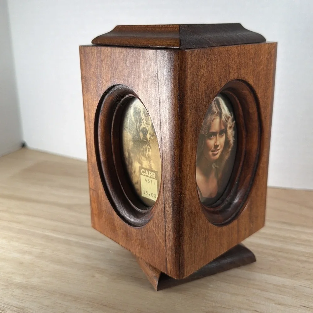 RETRO WOOD PHOTO PICTURE FRAME ROTATING DESK CADDY PENCIL HOLDER 2x3 OVAL 4 Pics